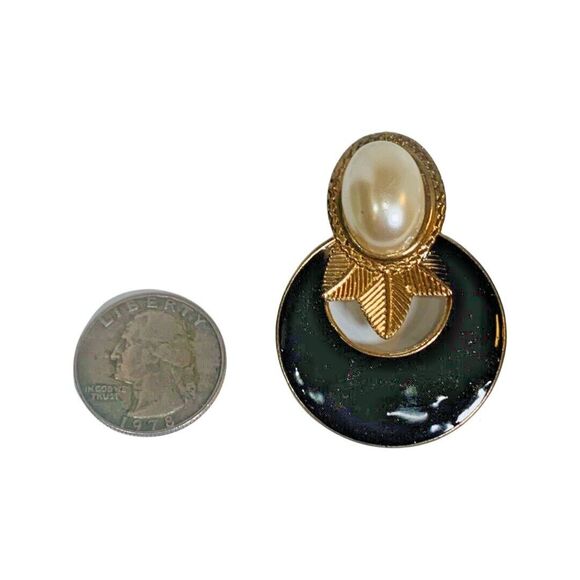 Gold Tone Large Hoop Statement Earrings 2" Gray Enamel White Pearl Cabochon - Picture 8 of 8